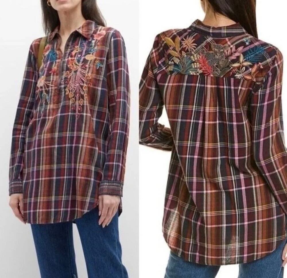 Johnny Was Shuri Plaid Embroidered Shirt Long Sleeve Women's S